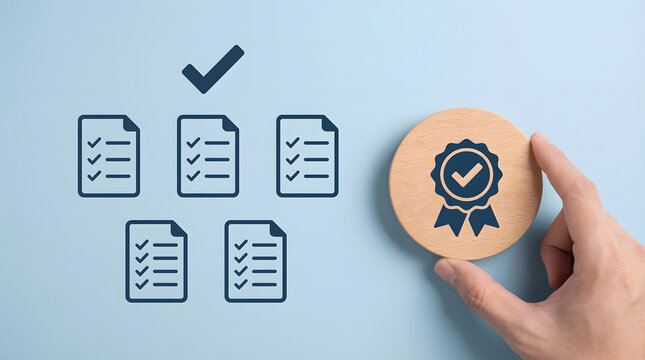 A human hand holds a wooden quality assurance badge with a checkmark next to document icons featuring completed checklists on a light blue background 