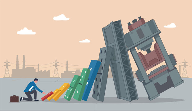 Small habits change increase to productivity,Big industrial efficiency or improvement, easy way to win business success or make a big impact concept, businessman pushing tiny domino to make bigger one