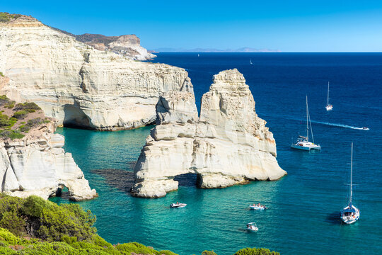 Panoramic view of Kleftiko Bay, Milos island, Cyclades, Greece
