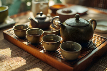 Tea set on a wooden tray with cups and a teapot in a warm indoor setting