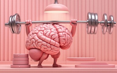 Naklejka premium Pink brain lifts weights symbolizing mental strength and cognitive