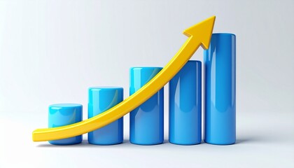 Financial Growth Concept with Three Dimensional Blue Bar Chart and Upward Yellow Arrow Representing Success and Profit Trend for Business