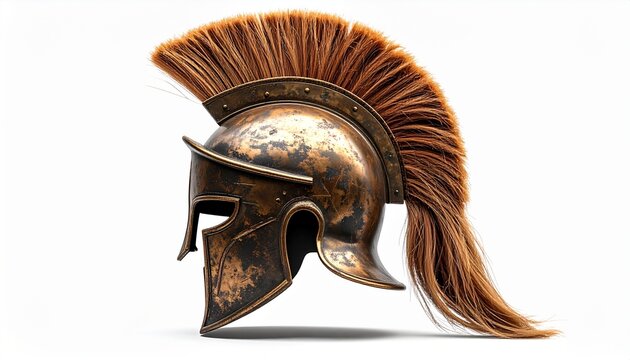 Vintage Bronze Spartan Warrior Helmet with Horse Hair Crest for Greek History War and Military Concept Isolated on Solid White Background Design