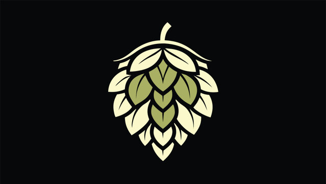 A clean vector illustration of a hop cone using light cream and muted green tones with thick black outlines on a solid black background.