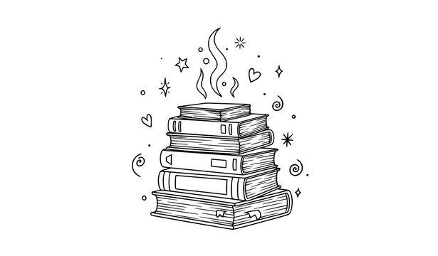 A stack of books with hearts and stars surrounding it in a whimsical illustration