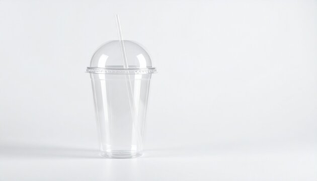 Clear empty plastic disposable cup with dome lid and straw isolated on white background for takeaway beverage mock up design and branding