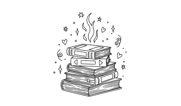 A stack of books with hearts and stars surrounding them in a whimsical illustration