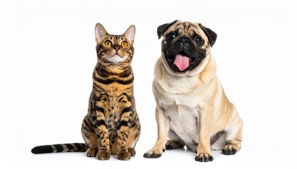 Obraz premium A beautiful spotted Bengal cat and a happy fawn Pug dog sitting together against a clean white background looking curious and friendly