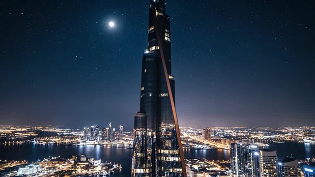 Nighttime Cityscape with Skyscrapers and Bright Lights