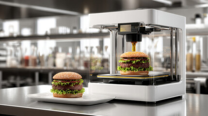 Realistic food printer creating a hamburger in a modern test kitchen with a plated burger on a counter in the background