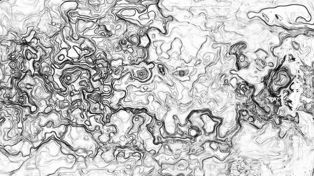 Black and white liquid ink turbulence forming intricate organic contour patterns and abstract textures. Fluid motion resembling topographic structures.
