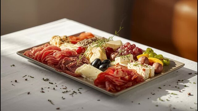 Charcuterie platter with cured meat, cheese, olive, grape, salami and herbs in warm light