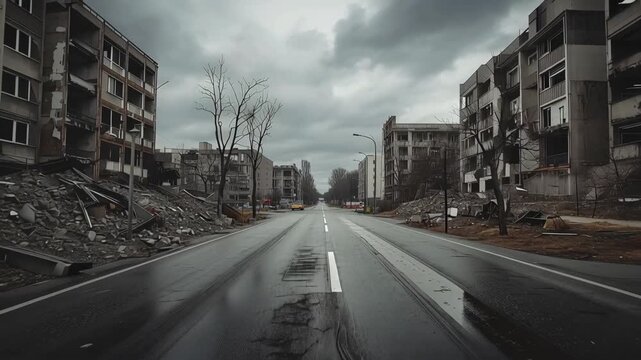 Deserted urban street with ruined apartment building debris and bleak cloudy sky ruined apartment