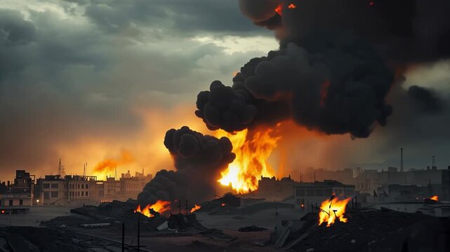 Burning city skyline at dusk with thick smoke flame explosion and stormy clouds