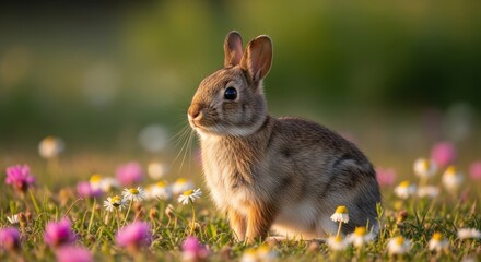 Fototapeta premium A small brown rabbit sitting peacefully amidst a vibrant field of colorful spring wildflowers