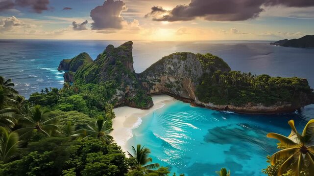 Tropical beach cove turquoise water white sand lush palm trees glowing sunset limestone cliff