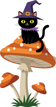 Cute Black Cat Wearing Witch Hat Sitting on Pixel Art Mushroom Orange White