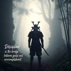 Fototapeta premium A silhouetted samurai warrior stands contemplatively in a foggy, ancient bamboo forest.