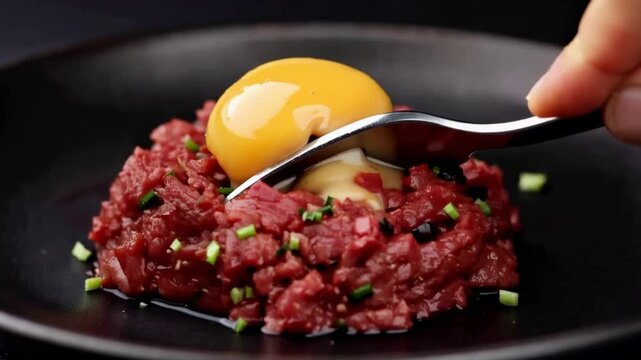 Close up of a spoon breaking fresh yellow egg yolk into gourmet steak tartare.