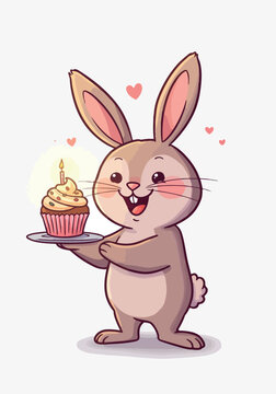Cute Bunny Holding a Birthday Cupcake with Candle Minimal Illustration