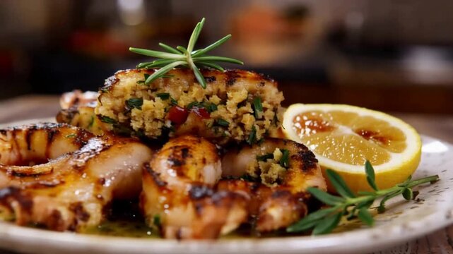 Delicious Grilled Calamari Stuffed with Herbs and Couscous, Garnished with Fresh Rosemary and Lemon.