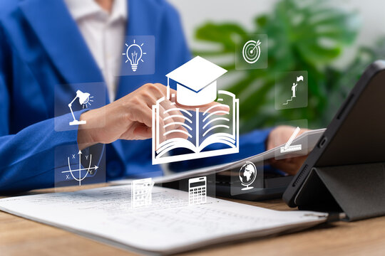 Asian woman studying online using tablet, Modern education and self development, Digital learning technology helping build knowledge, Skills for personal growth, Career success, Achieving future goals