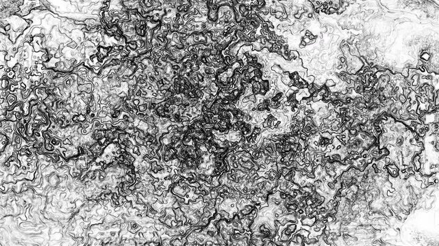 Black and white liquid ink turbulence forming intricate organic contour patterns and abstract textures. fluid motion resembling topographic structures.