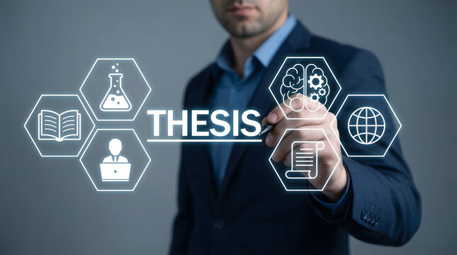 Professional man interacts with a glowing virtual screen showing the word THESIS and hexagons with scientific and academic icons in a modern setting