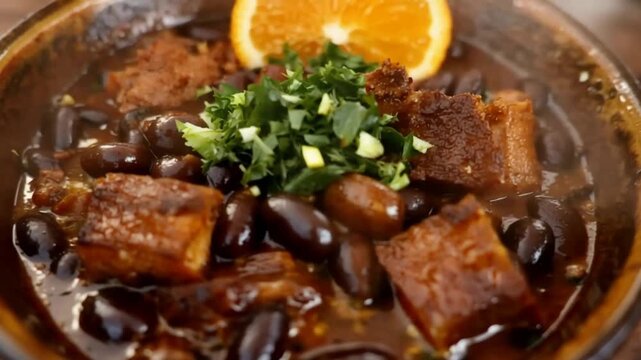 Authentic Brazilian Feijoada Dish Served with Fresh Herbs and Orange Garnish.