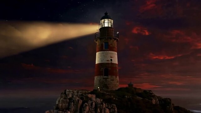 Majestic Lighthouse Beam Illuminates Dark Ocean Coastline Under Dramatic Night Sky