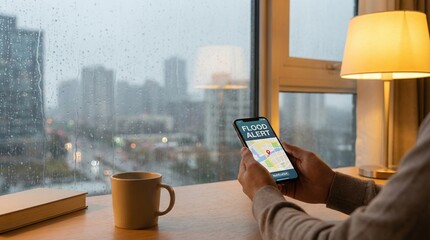 Hands holding smartphone with flood alert by rainy window, cozy home office with mug and lamp, urban storm safety message for climate awareness and emergency prep