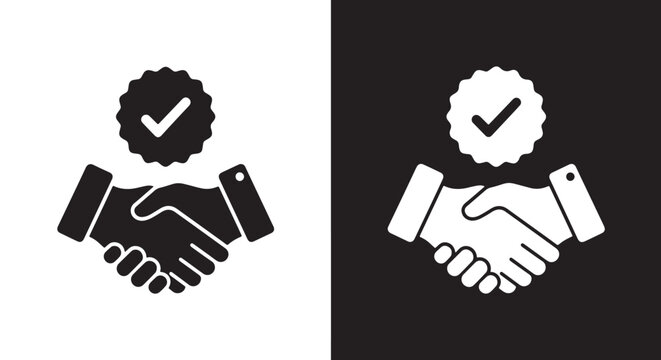 Handshake Icon, Deal Success, Check Mark Badge - Line and glyph solid icon and logo templete - Blue icon set - Minimalist, flat icon