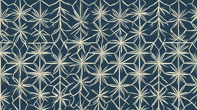 Traditional japanese asanoha pattern with beige hemp leaves on dark blue background