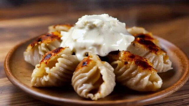 Delicious Golden Pan Fried Dumplings Topped with Creamy White Sauce on Rustic Wood.
