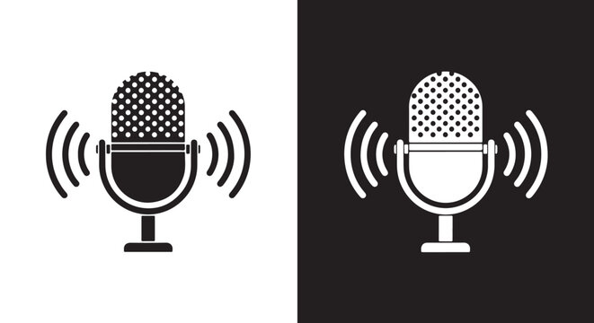 Microphone Icons: Black & White Sound Waves - Line and glyph solid icon and logo templete - Blue icon set - Minimalist, flat icon