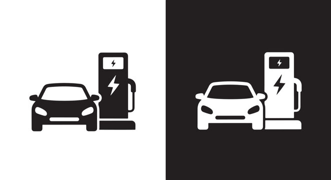 Electric Car Charging Icons - Line and glyph solid icon and logo templete - Blue icon set - Minimalist, flat icon