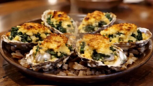 Delicious Baked Oysters Rockefeller with Melted Cheese and Greens Served Hot on a Plate.