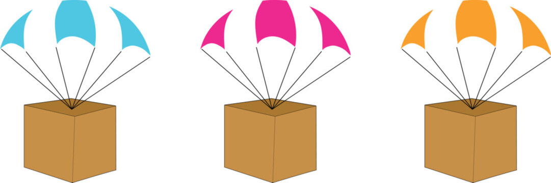 Delivery Box Parachute Icons for E-commerce and Air Cargo Shipping, Set of flat vector cardboard boxes with colorful parachutes for fast delivery and airdrop services.