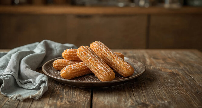 Churros croccanti ricoperti di zucchero su piatto di ceramica posato su tavolo di legno. Generative AI 