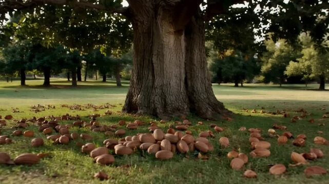 Abundant nuts scattered on lush green grass beneath a grand old tree in a park.