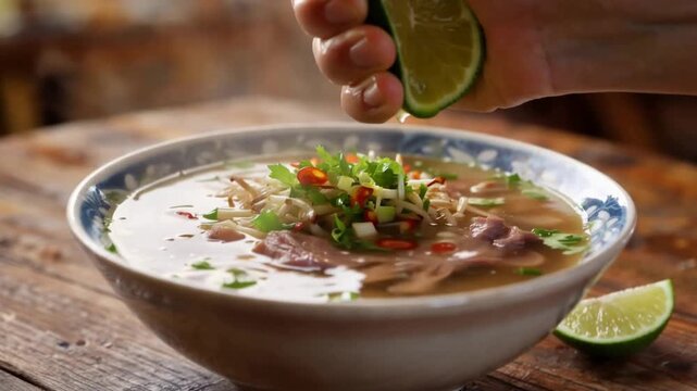 Squeezing Fresh Lime Juice Over Delicious Vietnamese Pho Soup Bowl on Wooden Table.