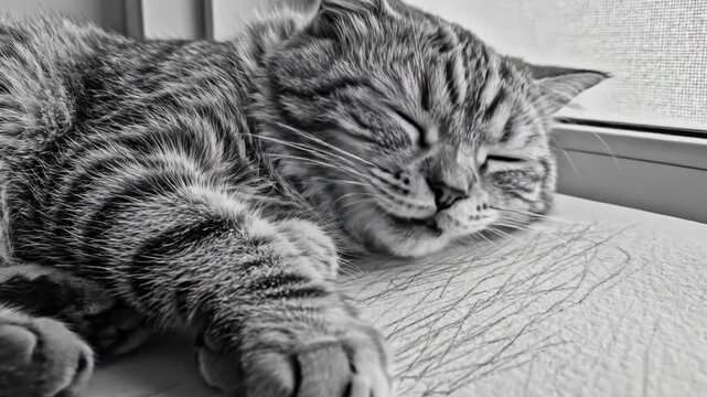 Relaxed tabby cat sleeping on windowsill in cozy home setting