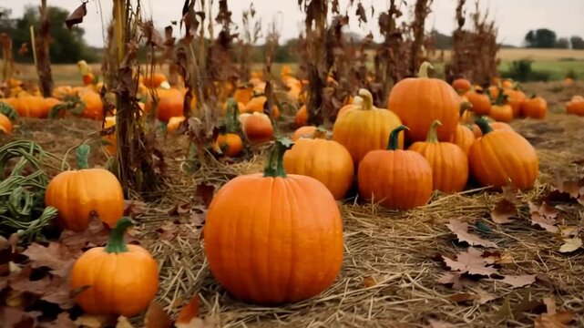 Vibrant Orange Pumpkins Abound in a Picturesque Autumn Field, Ready for Harvest Season.