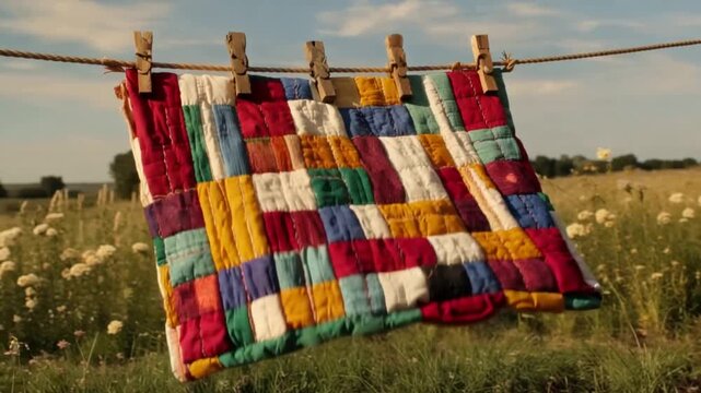 Rustic Handmade Patchwork Quilt Drying on a Clothesline in a Sunny Wildflower Field.