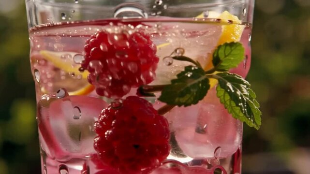 Close Up of Refreshing Raspberry Lemonade with Ice and Mint on a Sunny Day.