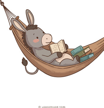 Cute Donkey Reading Book Relaxing in Hammock