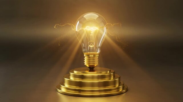 Illuminating Idea: A radiant light bulb glows brightly, perched atop a golden pedestal, symbolizing innovation and the spark of inspiration. The warm.