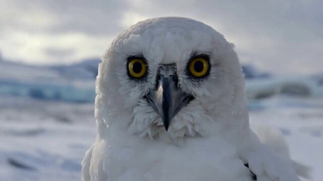 Majestic Snowy Owl Close-up with Piercing Yellow Eyes in a Frozen Arctic Winter Landscape.