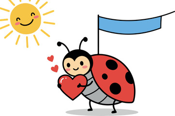 Obraz premium Cute Ladybug With Heart and Sun Flat Design Illustration