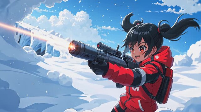 Anime girl with a weapon in a snowy environment: A determined anime girl, expertly wielding a futuristic weapon, stands amidst a snow-covered landscape.